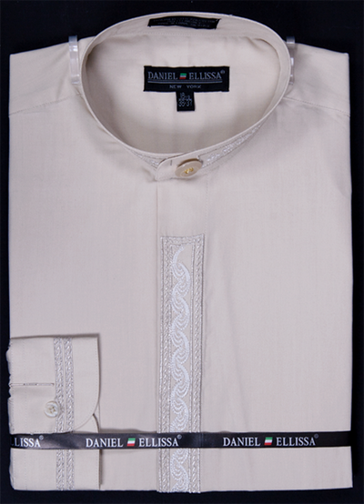 Men's Regular Fit Banded Collar Dress Shirt in Beige with Silver Wave Embroidery