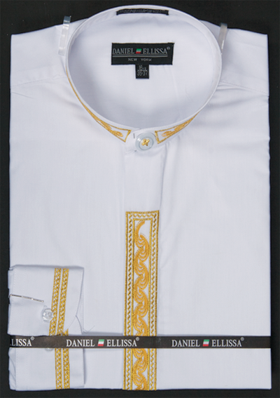 Men's Regular Fit Banded Collar Dress Shirt in White with Gold Wave Embroidery