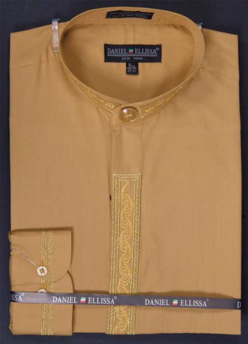 Men's Regular Fit Banded Collar Dress Shirt in Honey Gold with Embroid