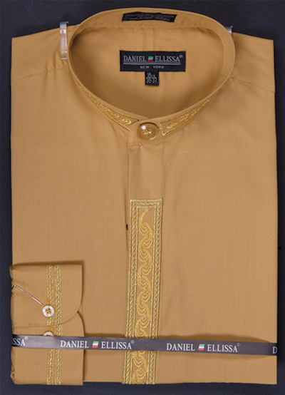 Men's Regular Fit Banded Collar Dress Shirt in Honey Gold with Embroidery