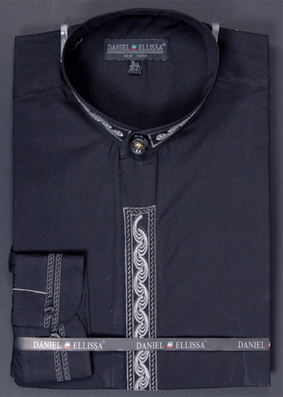 Men's Regular Fit Banded Collar Dress Shirt in Black with Grey Wave Embroidery
