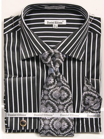 Men's Regular Fit Spread Collar Dress Shirt & Tie Set in Bold Gangster Black & White Pinstripe