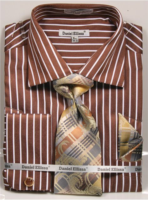 Men's Regular Fit Spread Collar Dress Shirt & Tie Set in Bold Gangster Brown & White Pinstripe