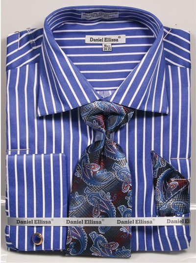 Men's Regular Fit Spread Collar Dress Shirt & Tie Set in Bold Gangster Royal Blue & White Pinstripe