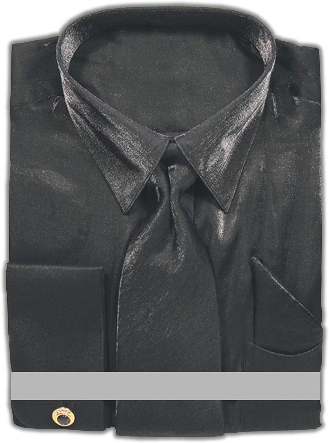 Men's Shiny Metallic Velvet Dress Shirt & Tie Set in Black