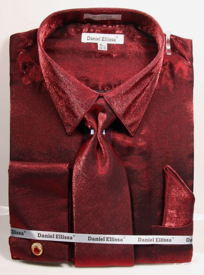Men's Shiny Metallic Velvet Dress Shirt & Tie Set in Burgundy