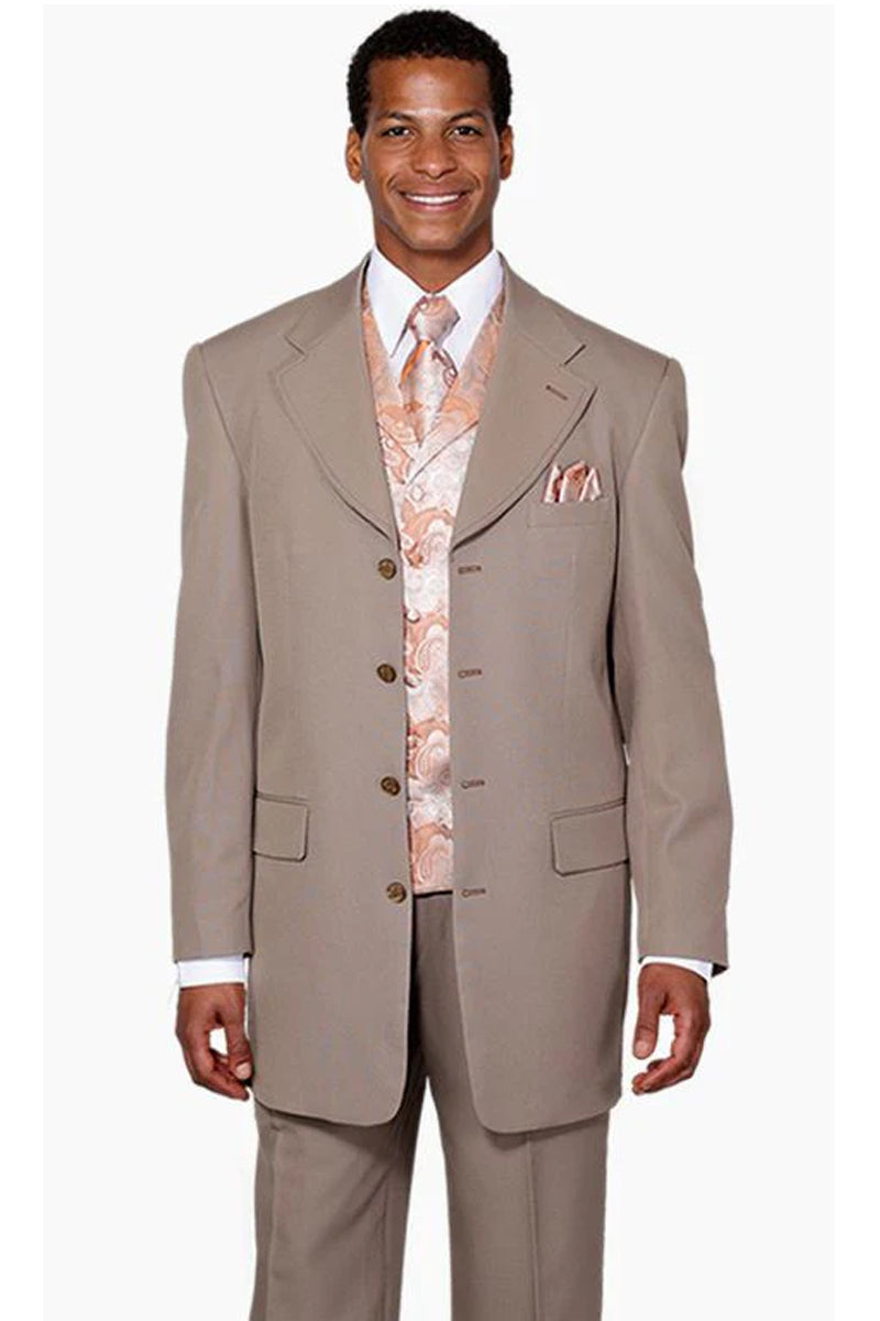 Mens 4 Button Long Vested Fashion Suit in Tan with Paisley Vest