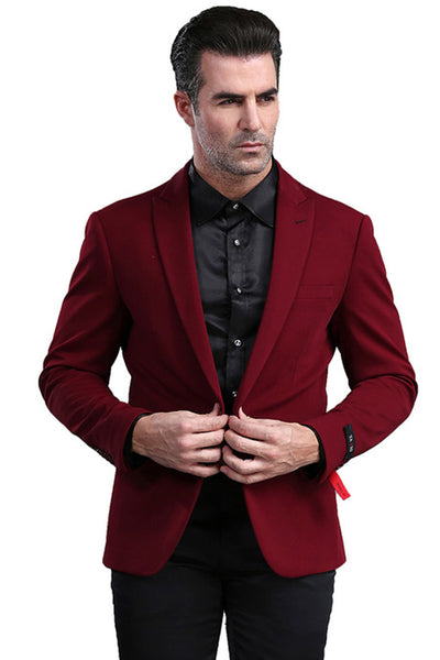 Men's One Button Peak Lapel Skinny Fit Blazer in Burgundy