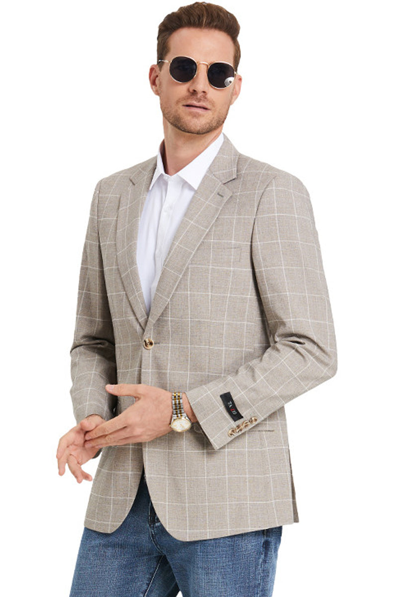 Men's Slim Fit Business Casual Summer Windowpane Plaid Suit in Light Tan