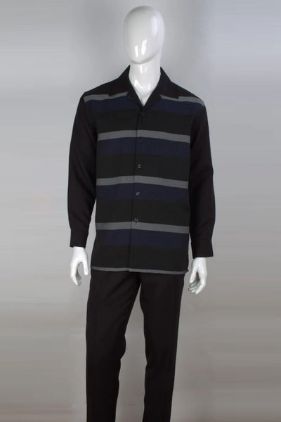 Mens Long Sleeve Casual Leisure Walking Suit in Black & Navy Horizontal Stripe