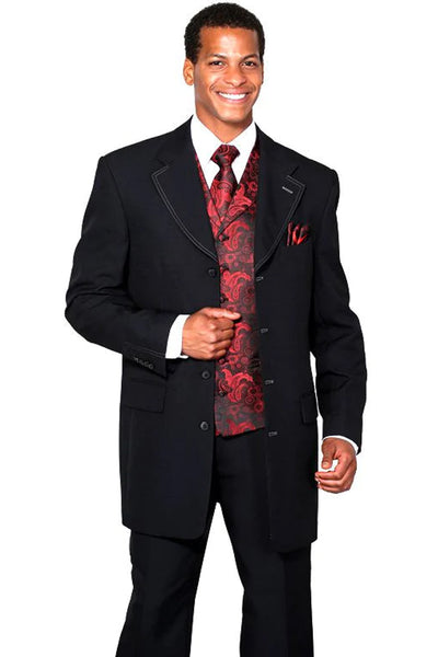Mens 4 Button Long Vested Fashion Suit in Black with Red Paisley Vest