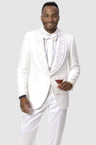 Mens Paisley Lace Style Prom Tuxedo Dinner Jacket with Diamond Lapel in White