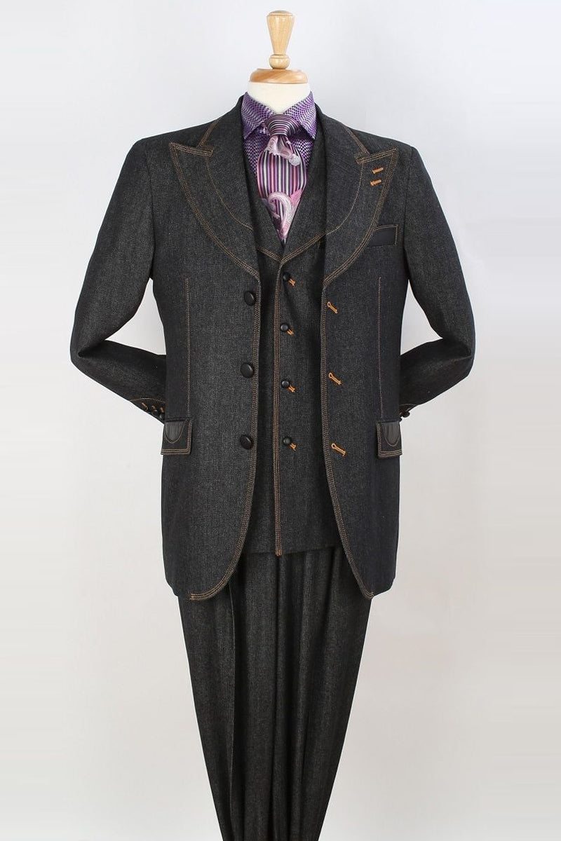 Three Button Suit - Classic Fit Pleated Pants - Mens 3 Button Vested Denim Jeans Black Suit main image 1