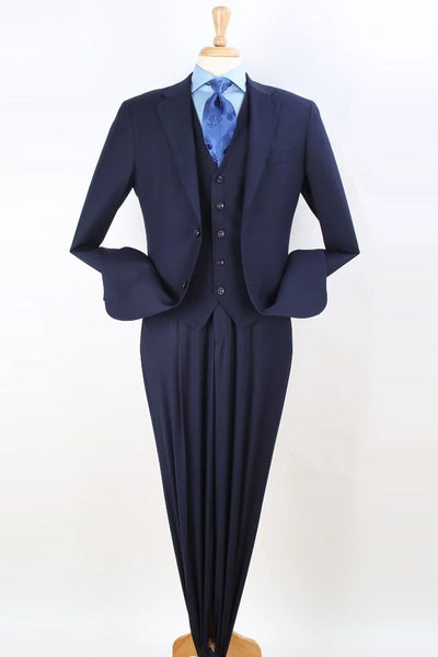 Mens 2 Button Pleated Pant Classic Fit Vested Suit in Navy