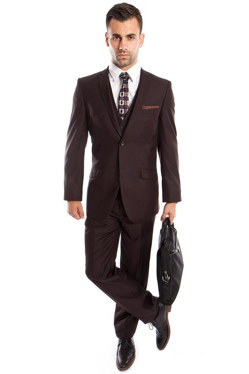 Men's Two Button Slim Fit Basic Vested Wedding Suit in Brown