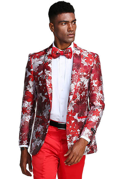 Men's Slim Fit Paisley Prom Tuxedo Jacket in Red & Silver