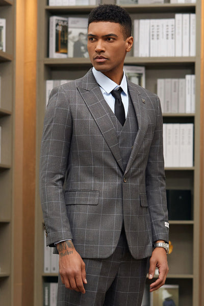 Men's Stacy Adams One Button Peak Lapel Suit with Double Breasted Vest in Charcoal Windowpane