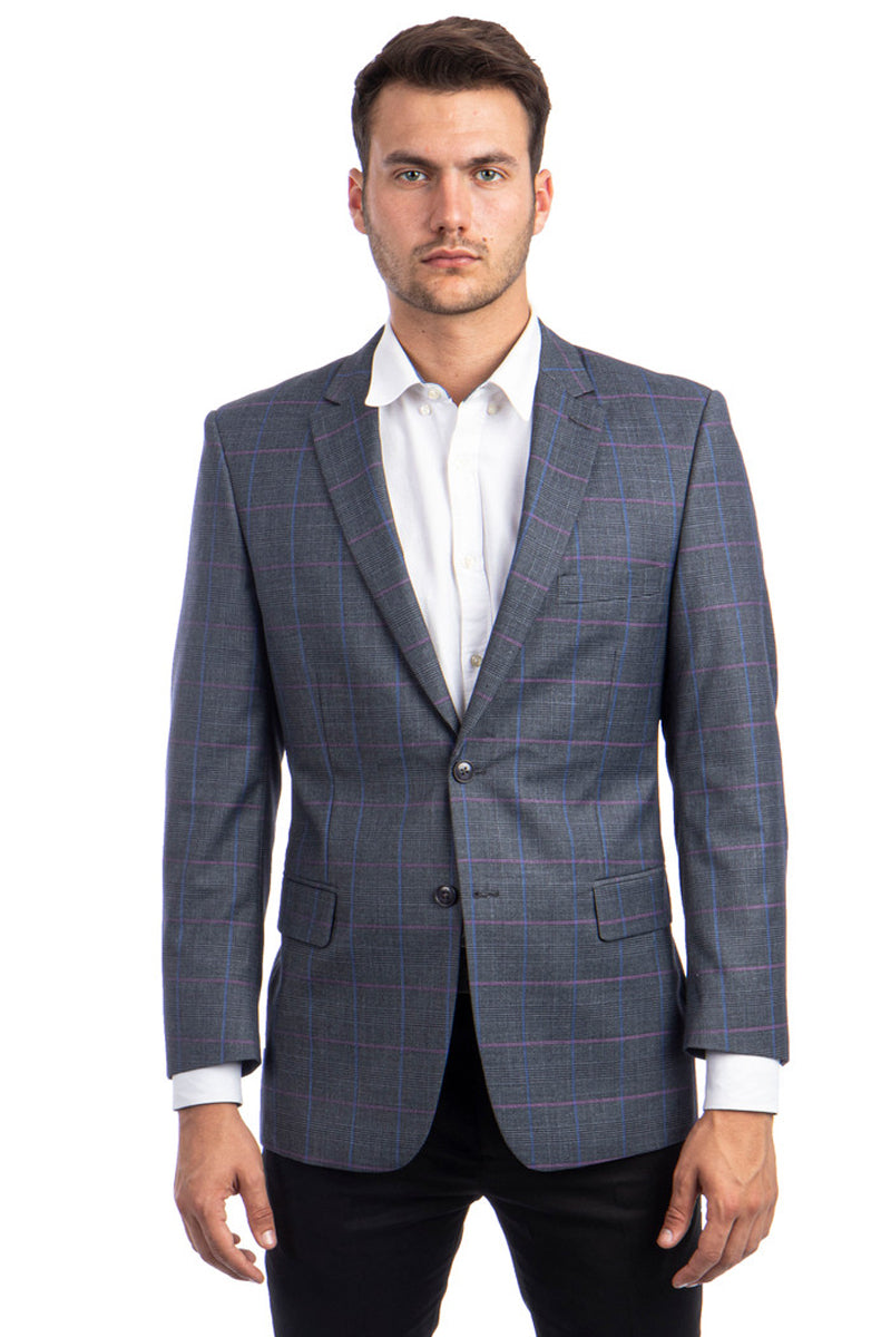 Men's Two Button Regular Fit Sport Coat in Charcoal Grey with Blue & P ...