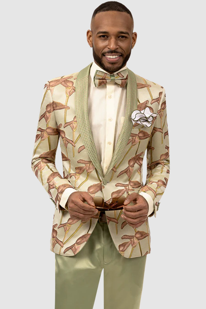 Mens One Button Floral Print Prom Tuxedo in Beige and Fern Green