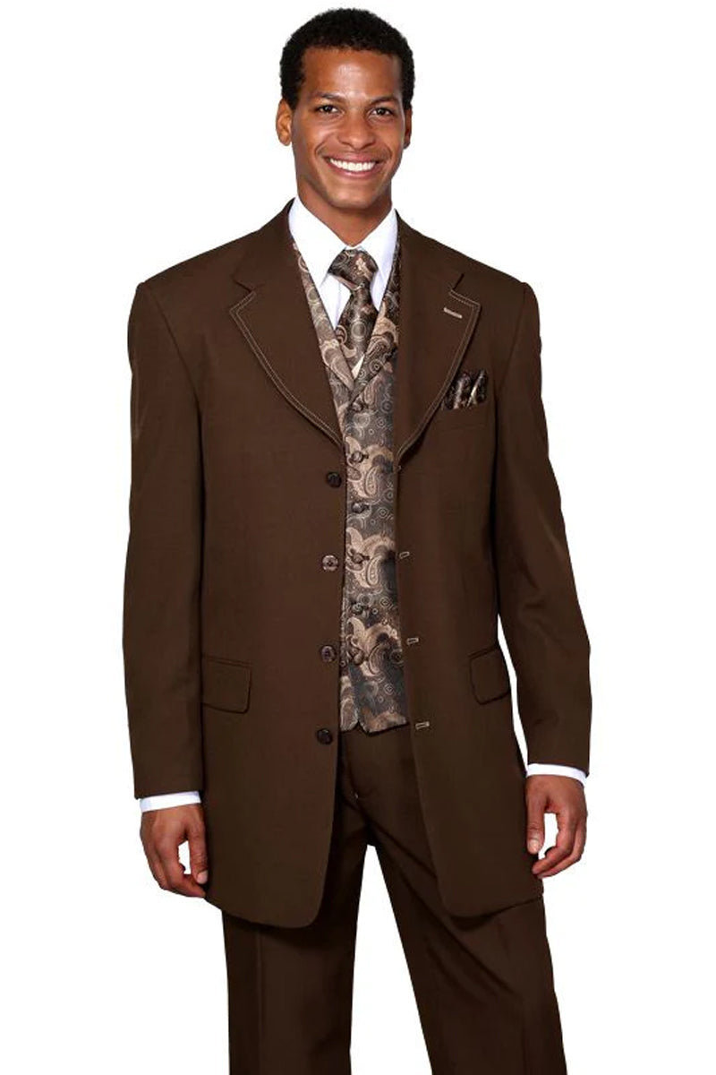 Mens 4 Button Long Vested Fashion Suit in Brown with Paisley Vest ...