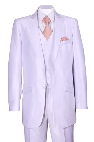 Mens 2 Button Vested Slim Fit Shiny Sharkskin Suit in White