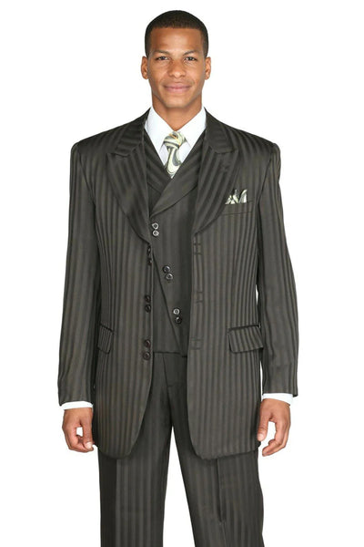 Mens Fashion Slanted Vested Peak Lapel Tonal Pinstripe Suit in Brown