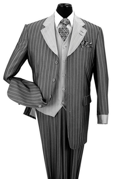 Mens Vested Shiny Sharkskin Pinstripe Fashion Zoot Suit in Black