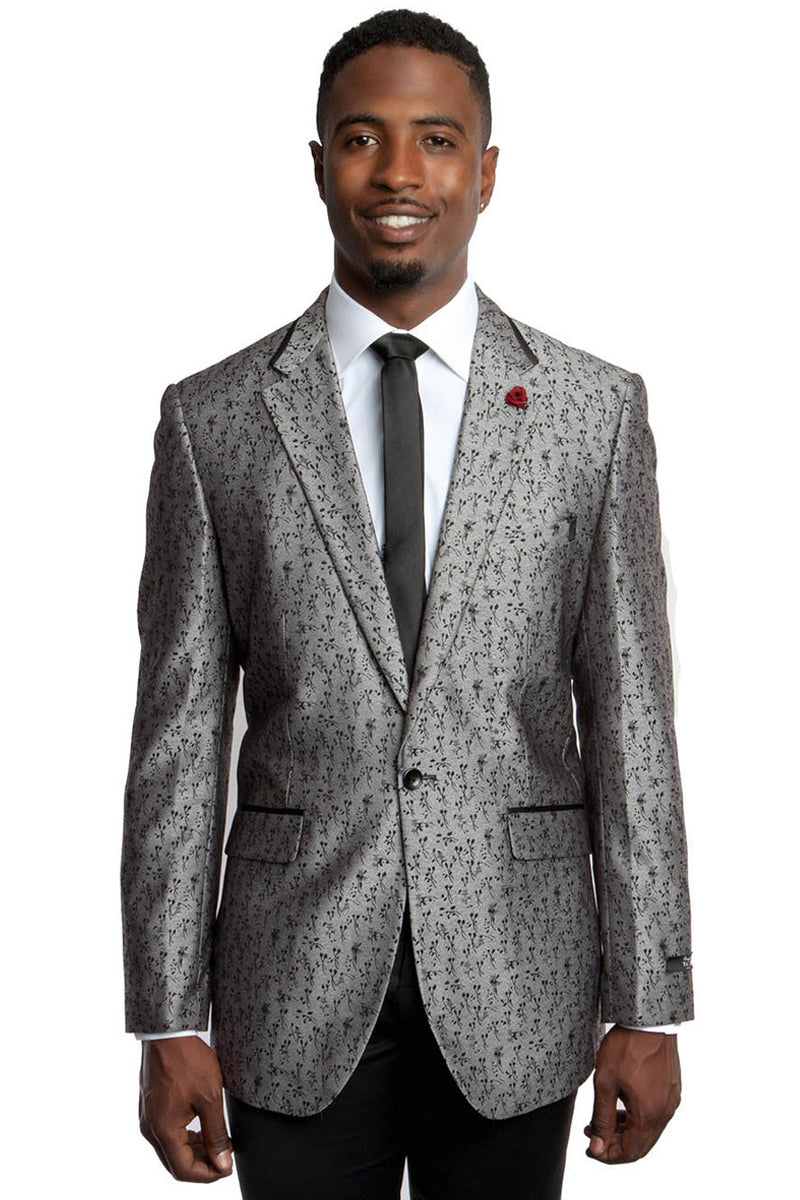 Men's Slim Fit One Button Shiny Tonal Floral Print Blazer in Silver Grey