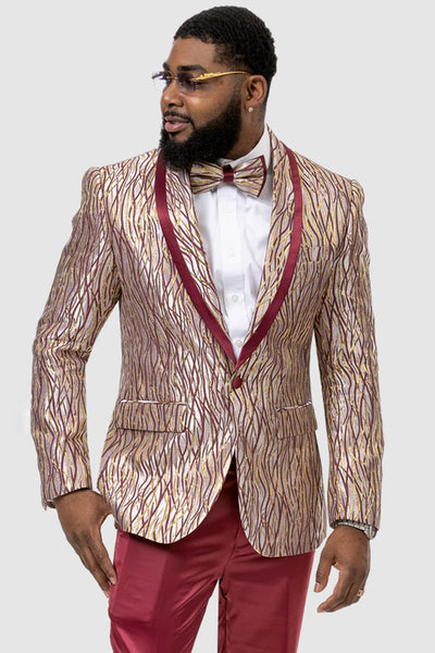 Mens Burgundy & Gold Wave Pattern Prom Tuxedo Dinner Jacket Blazer