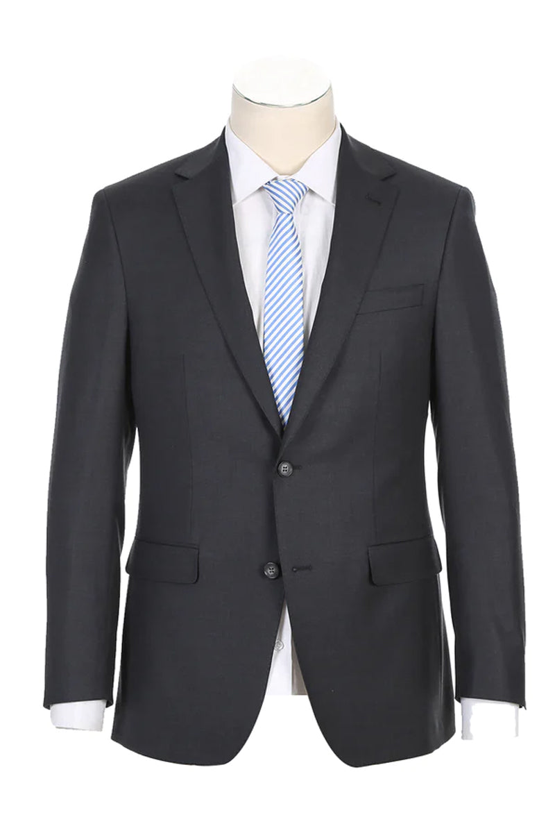 Mens Designer Two Button Classic Fit Half Canvas Wool Suit in Charcoal Grey