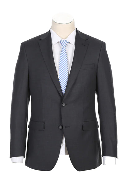 Mens Designer Two Button Classic Fit Half Canvas Wool Suit in Charcoal Grey