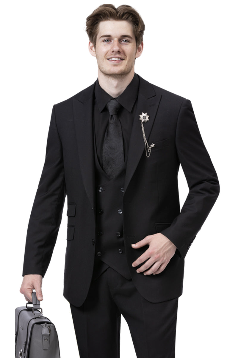 Mens Modern Two Button Vested Peak Lapel Suit with Double Breasted Vest in Black