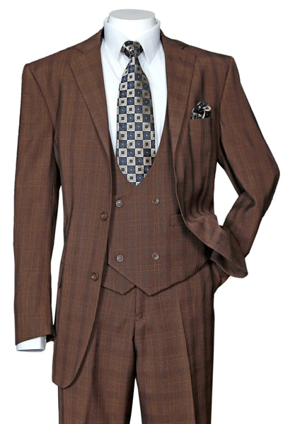 Mens Modern Fit Plaid Windowpane Suit with Double Breasted Scoop Vest in Brown