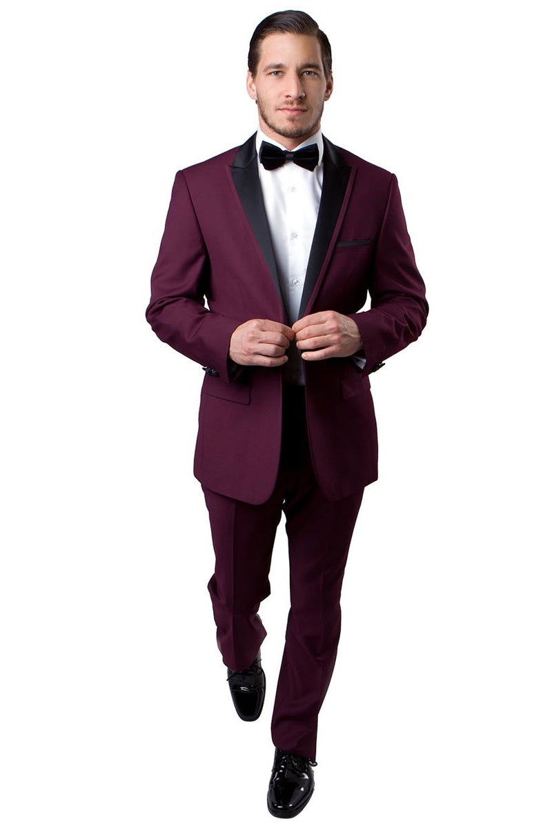 Men's Slim Fit One Button Satin Trim Peak Lapel Prom & Wedding Tuxedo in Burgundy