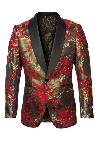 Men's Shiny Satin Paisley Prom Tuxedo Jacket in Red & Gold
