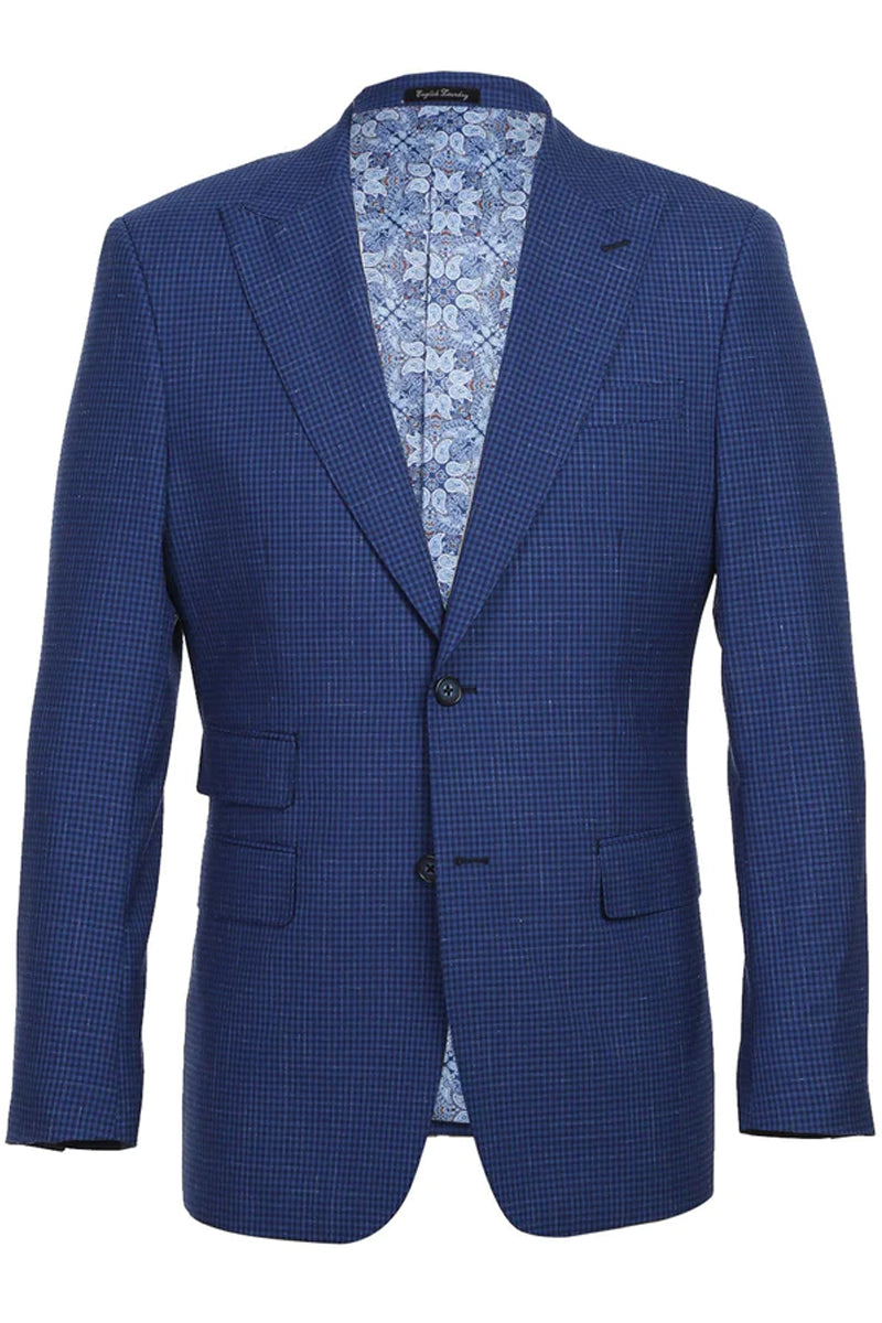 Mens English Laundry Two Button Slim Fit Peak Lapel Wool Suit in Blue Mini Plaid Check