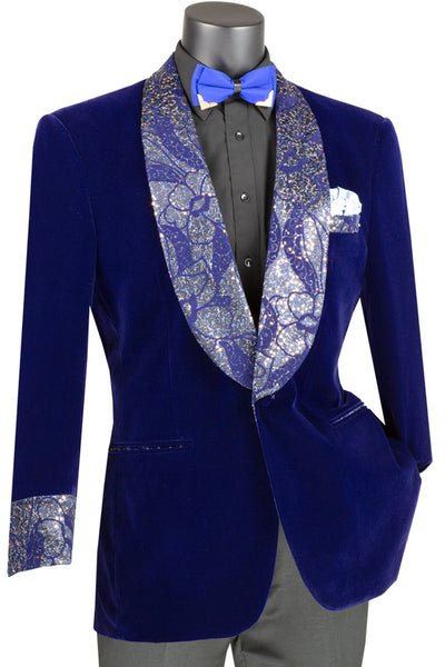 Mens Velvet Prom Smoking Jacket with Fancy Paisley Glitter Lapel and Cuff in Royal Blue