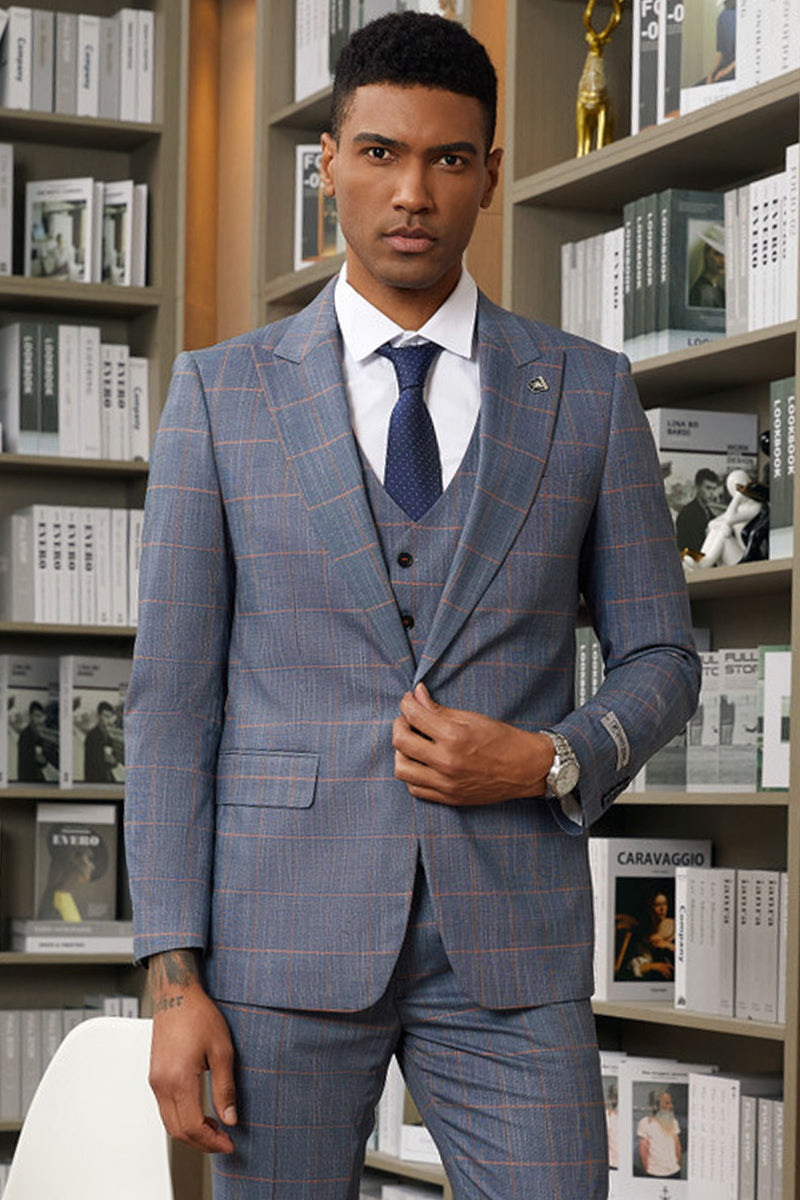 Men's Stacy Adams Two Button Peak Lapel Suit with Scoop Vest in Navy Glen Plaid