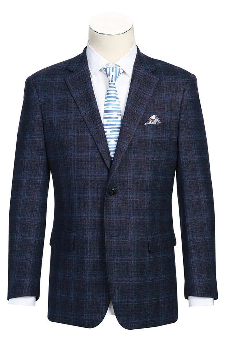 Mens Two Button Classic Fit Wool Stretch Sport Coat Blazer in Dark Navy Blue Windowpane Plaid