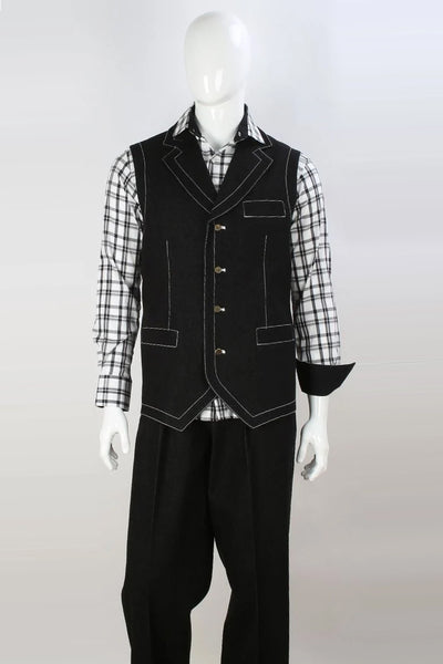 Mens Notch Lapel Double Breasted Denim Vest and Pant Set in Black