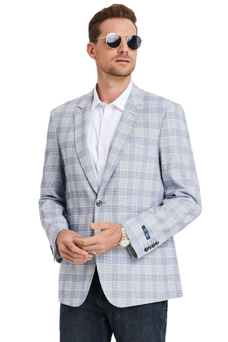 Men's Two Button Business Casual Glen Plaid Sports Coat in Grey & Blue