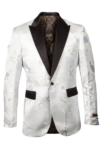 Men's Shiny Floral Satin Print Prom & Wedding Tuxedo Jacket in White & Silver