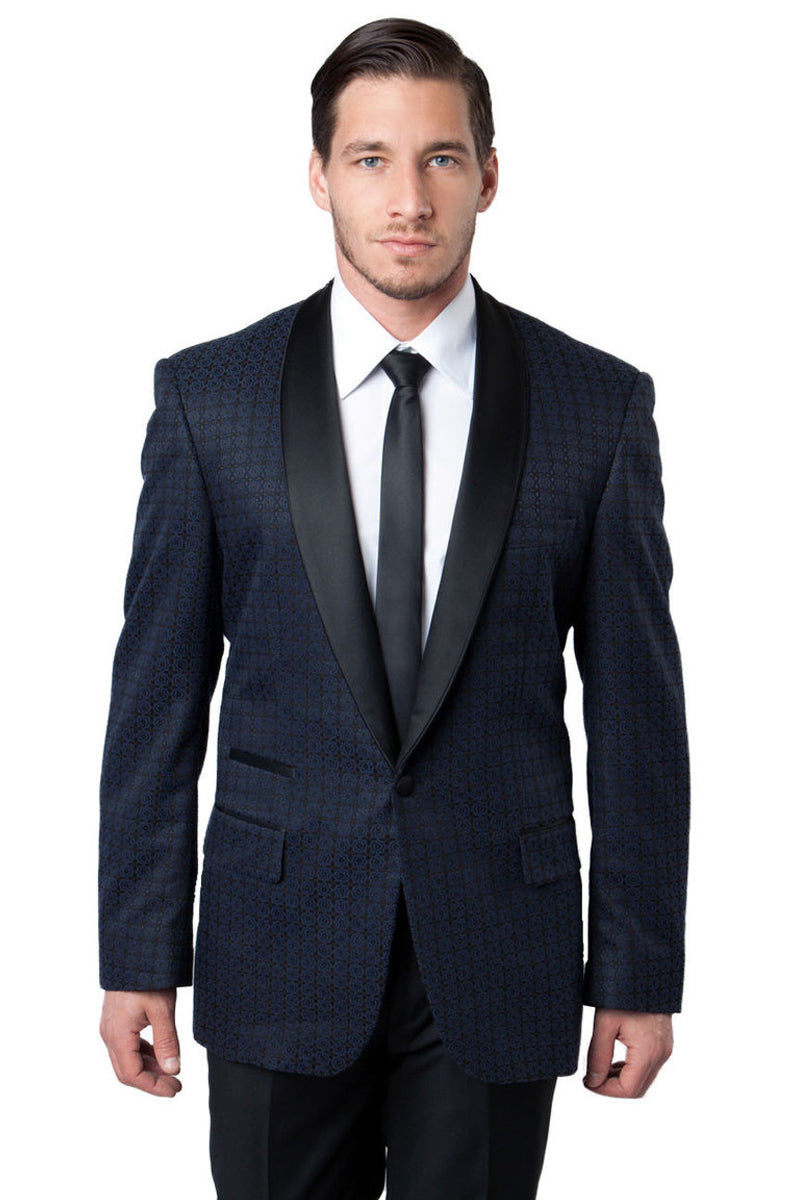 Men's One Button Check Pattern Shawl Tuxedo Jacket in Navy Blue ...