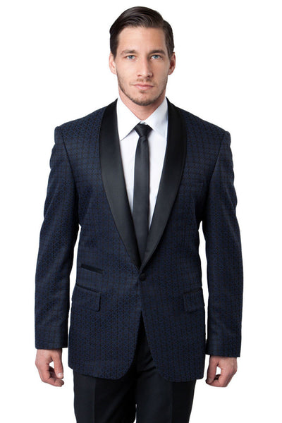 Men's One Button Check Pattern Shawl Tuxedo Jacket in Navy Blue