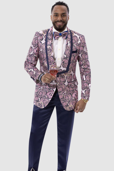 Mens One Button Square Shawl Lapel Paisley Floral Prom Tuxedo Jacket in Navy & Pink