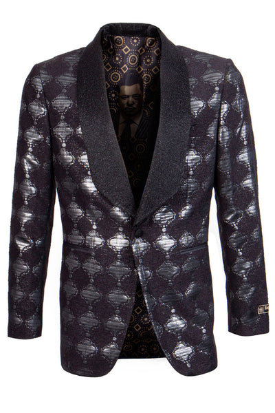 Men's Brocade Print Glitter Shawl Lapel Tuxedo Blazer in Black & Silver