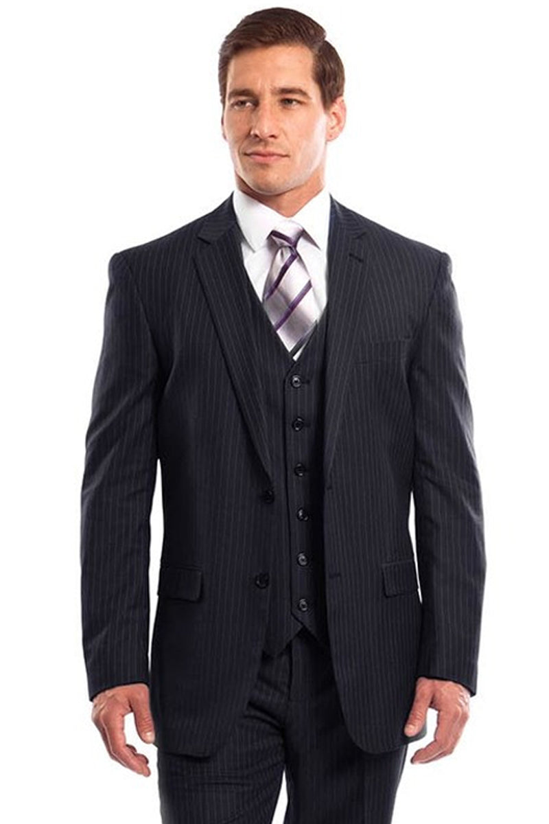 Men's Two Button Vested Business Suit in Navy Blue Pinstripe