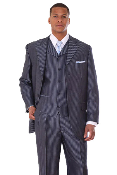 Mens 3 Button Vested Shiny Sharkskin Narrow Pinstripe Suit in Navy Blue
