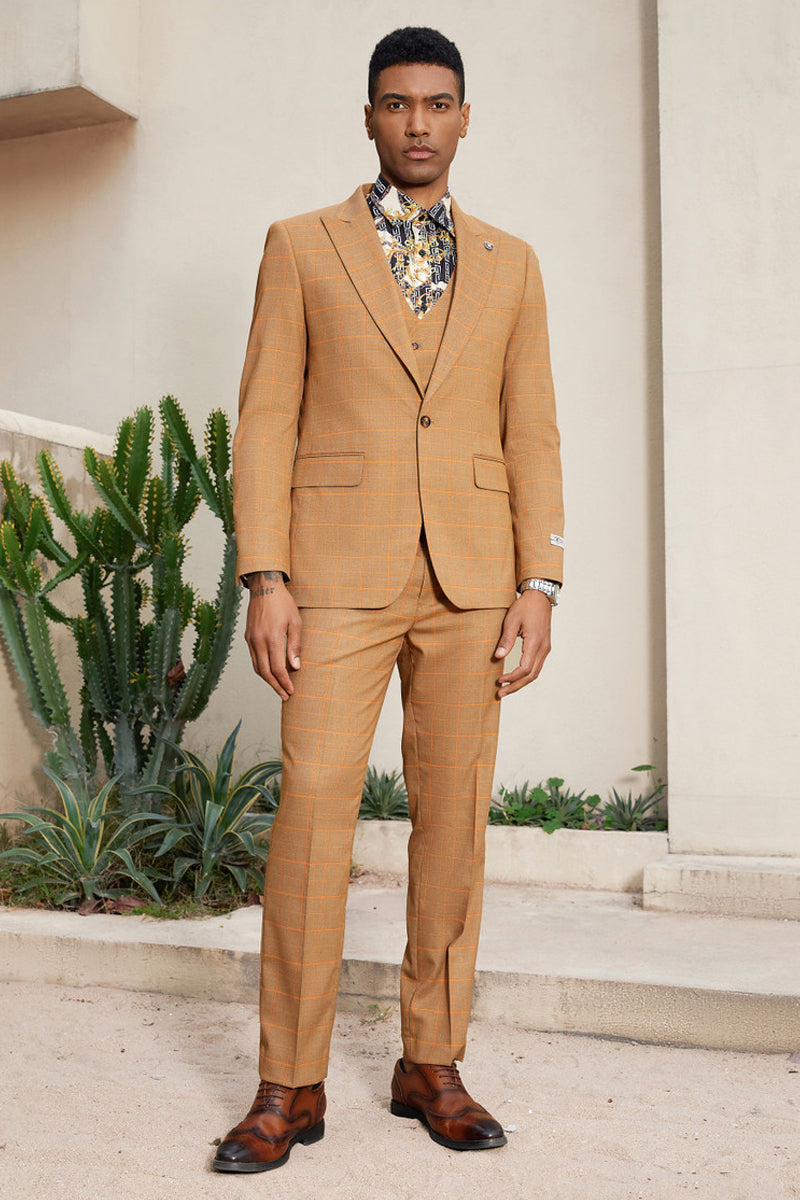 Men's Stacy Adam's One Button Windowpane Plaid Suit with Reversible Vest in Orange Rust