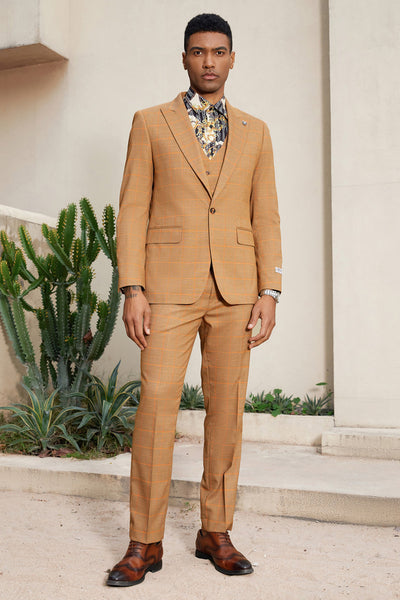 Men's Stacy Adam's One Button Windowpane Plaid Suit with Reversible Vest in Orange Rust